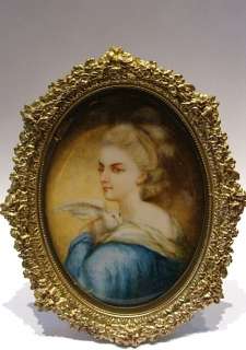 Antique Miniature Paint Portrait Lady Bronze Frame  