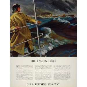  1934 Ad Gulf Oil Tanker Ocean Storm Man Yellow Slicker 