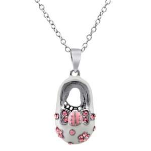 White Enamel & CZ Baby Shoe with Lady Bug Accent Silver Necklace for 
