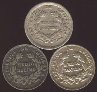 CHILE RARE BEAUTY SET 1/2 DECIMO 1880/8/94 COINS LOOK  