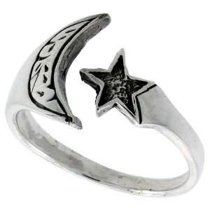 Sterling Silver Crescent Moon & Star Ring (Available in Sizes 6 to 10 