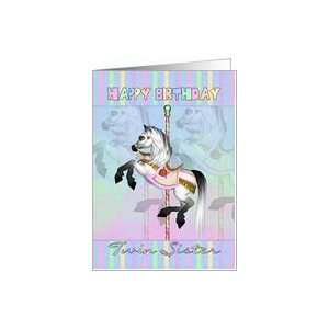  twin sister carousel birthday card   pastel carousel horse 