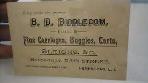 1885 Biddlecom Hempstead LI Long Island NY Trade Card  