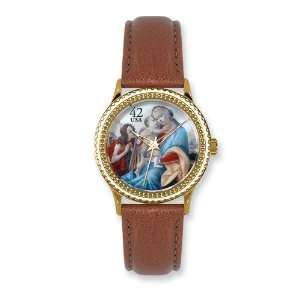  Postage Stamp Baby Jesus Lt. Brown Leather Band Watch 