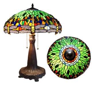GREEN & AMBER DRAGONFLY 18 STAINED GLASS TABLE LAMP  