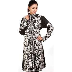 White Tulips Embroidered on a Black Long Jacket from Kashmir   Pure 