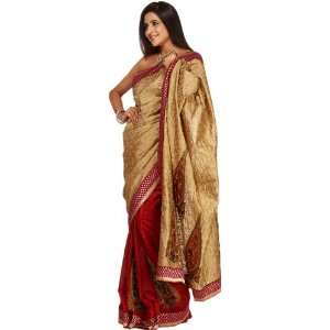  Khaki and Ruby wine Handloom Sari from Banaras with Patch 