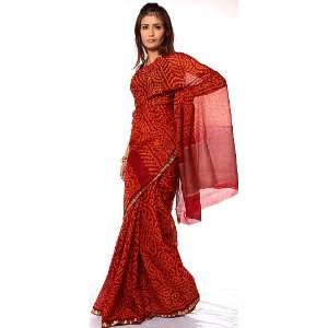  Red Bandhani Sari from Rajasthan   Pure Chiffon 