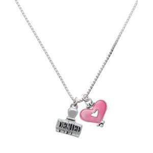 Denied Stamp and Trasnlucent Pink Heart Charm Necklace