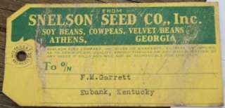 1930s Snelson Seed Company Tag Eubank KY Athens GA  