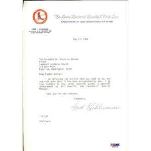  Fred Kuhlmann Cardinals Autographed Letter PSA COA Auto 