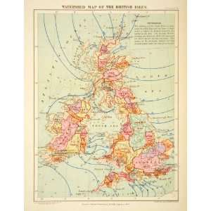 1902 Photolithographed Map Watershed British Isles Atlantic Ocean 