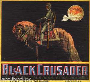 BLACK CRUSADER ORANGE CRATE AZUSA SUNKIST SOAKER 1930S  