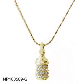 Adorable baby bottle charm necklace encrusted with rhinestones in gold 