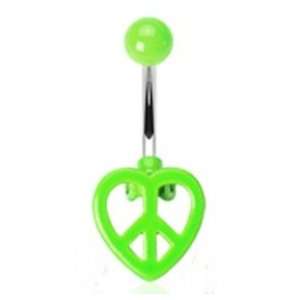 Belly Button Navel Ring with Moving Hinge and Neon Green Heart Peace 