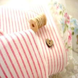 Pinkish RED Stripes Ticking On Ivory Craft Quilting Doll Linen Fabric 