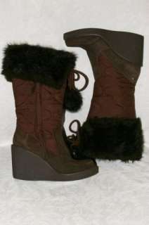   Brown Quilted Nylon Faux Fur Collar Winter Boots Womens 7.5  
