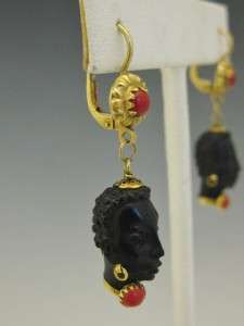 ITALIAN 18K YELLOW GOLD CARVED JET BLACKAMOOR EARRINGS W/ RED CORAL BY 