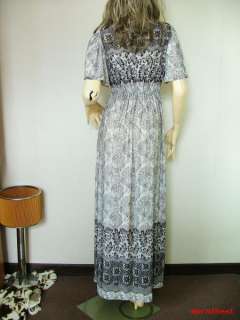 Vtg 60s Bell Caftan Boho Lace Beaded Hippie Maxi Dress  