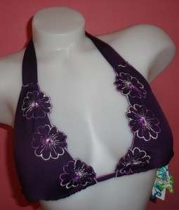 Becca Floral Embroidered Ruffled Halter Swimsuit Bikini Top Plum L 