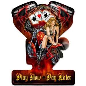  Play Now Pinup Girls V Twin Metal Sign   Garage Art Signs 