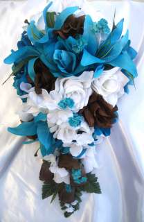 x21 TURQUOISE BROWN Bridal Bouquet Wedding Flowers Pew  