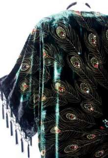 Silk Velvet KIMONO Opera Coat Duster Beaded Black Multi Peacock Maya 
