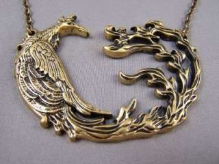   Phoenix Bird Fire Flame Tail Re Birth Necklace Antiqued Gold tone