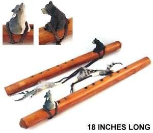 large WOOD FLUTE WITH carved wooden BEAR totem feathers  