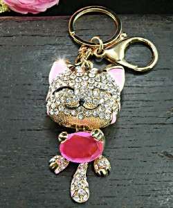 Cute Kitty Cat Clear Swarovski Crystal Keychain Purse Charm 18  
