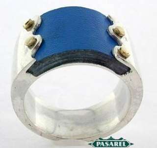 New 14k Yellow Gold & Silver Blue Leather Ring Size 7.5  