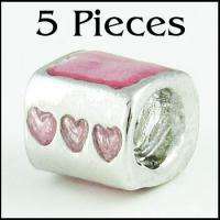 5pcs Pink Bingo Love Heart Silver Enamel Bracelet Charms European 