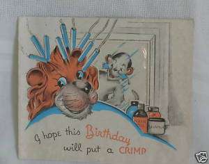 ANTIQUE GREETING BIRTHDAY CARD LION MONKEY HAIR SALON  