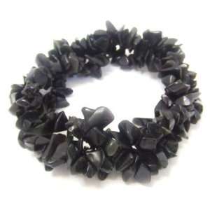   02 Triple Strand Stretch Black Chips Stone Crystal Chunky 7 Jewelry