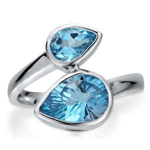 Sterling Silver 925 Pear Natural Blue Topaz Gemstone 2 Stone Wrap Ring 