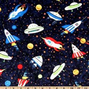  45 Wide Cruising The Galaxy Spaceships Navy Blue Fabric 