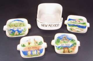 Vintage New Mexico Ashtray Set Souvenir Porcelain Screen Print Scenes 
