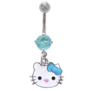 Hello Kitty Head Face w/ Aqua Bow dangle Belly navel Ring piercing bar 