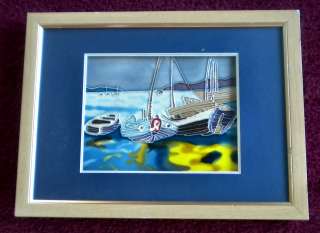 Custom Framed and Matted Enamel Sail Boat Painting  