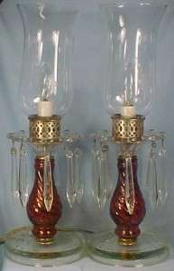 Vintage CRANBERRY & CLEAR GLASS DROP PRISM LAMPS Work  