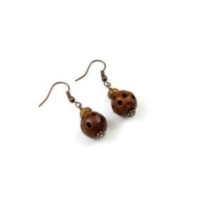   Decorative Wood Sphere with Dark Olive Wood Dangle Earrings Jewelry