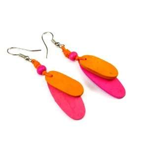  Taffy Orange and Pink Two Tone Coco Wood Dangle Earrings 