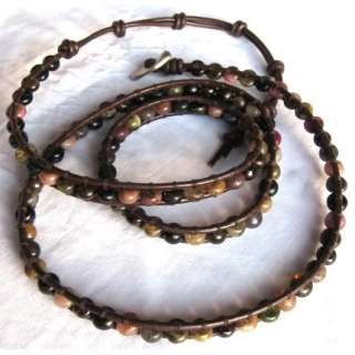 Brown Leather Tourmaline Roundel Gemstone Beads Wrap Bracelet  