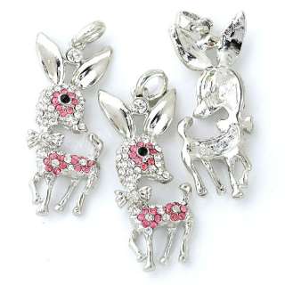 1PC Animal Sika Deer Pendant Silver Plated Pink & Clear Crystal Glass 