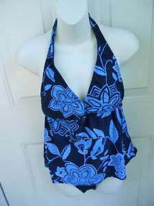 NWT FRESH PEACHES 3 PC Blue Floral Halter Tie Tankini Bikini & Cover 