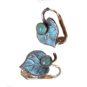   Verdigris Patina Brass Mulberry Leaf Earrings   Nephrite Jade Jewelry
