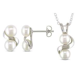 Sterling Silver White Fresh Water Button Pearl Earrings and Pendant (5 