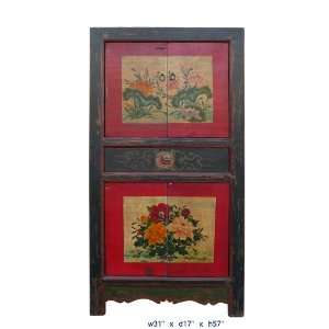   Vintage Flowers Painting Mongolian Tall Cabinet As943