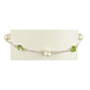 Peridot Cabochons with White Pearl on Sterling Silver Chain Bracelet 7 