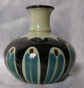 Herman A. Kahler squat bulbous vase   teal blue, black, and brown 